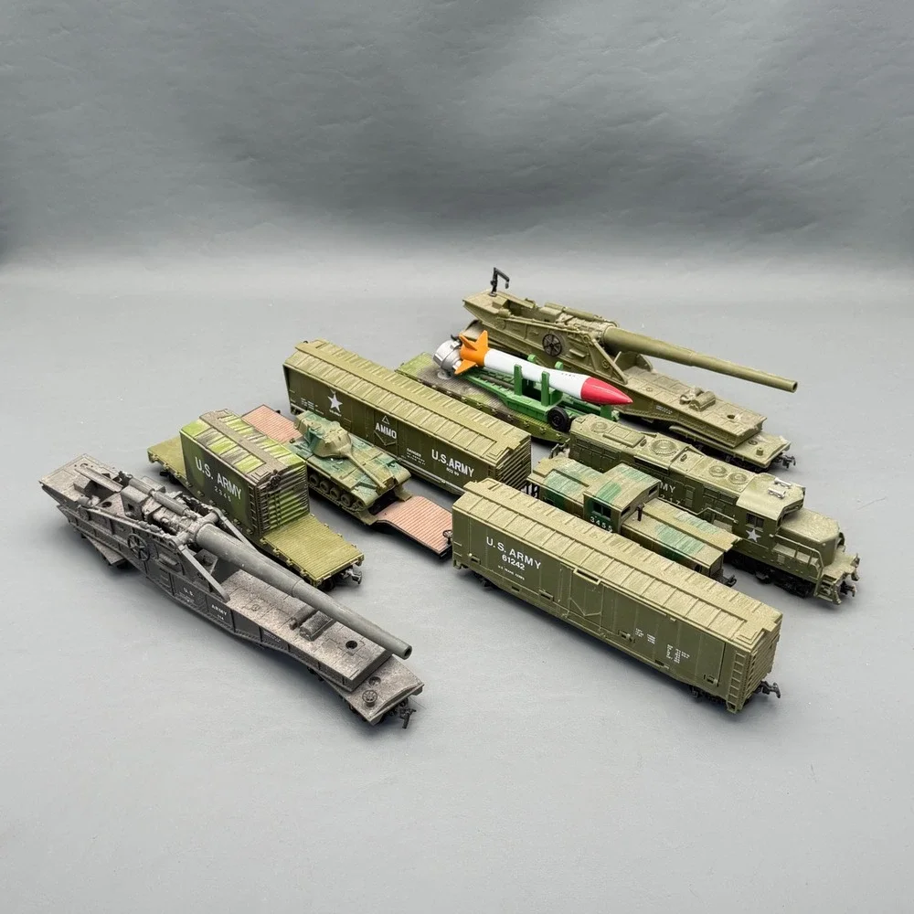 HO Scale US Army Military Train Lot Vintage Locomotive Flatcars Cannon Missile